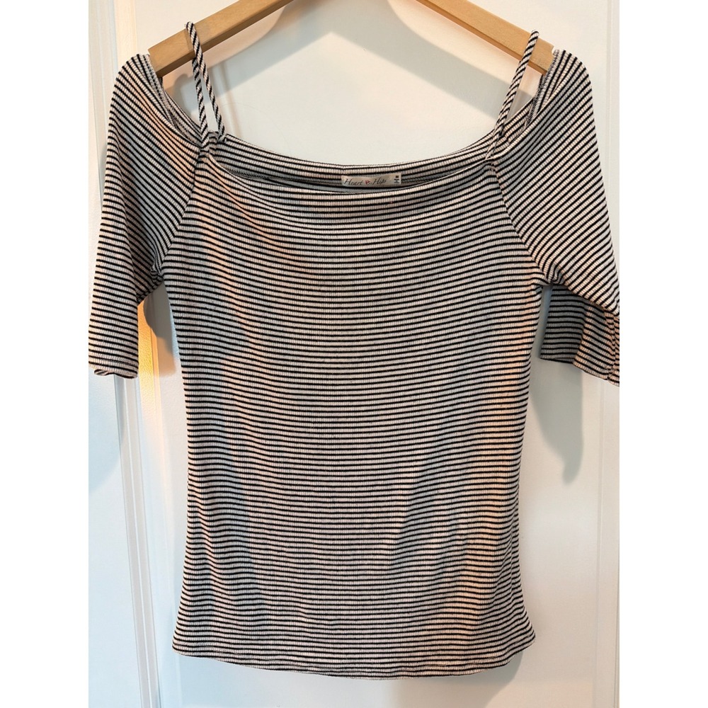 Heart & Hips Striped Cold Shoulder Ribbed Top Black White Medium Elbow Sleeve